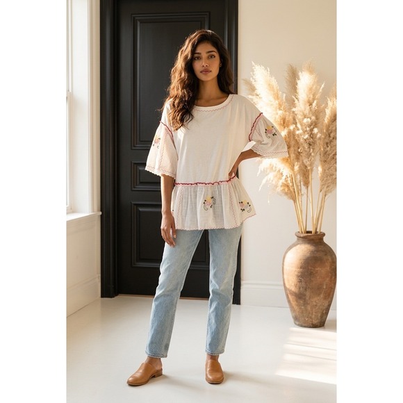Anthropologie Tops - Anthropologie White Embroidered Peplum Blouse Red Ric Rac Trim Flutter Sleeve M